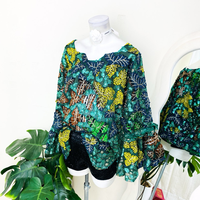ไซด์ 2XL made in USA.🌸เสื้อ ซีทรู งานอลัง ลายใบเมเปิ้ล งานเกล็ดวิบวับ สีเขียว ใส่ออกงาน ชุดออกงาน ชุดปาร์ตี้(a)