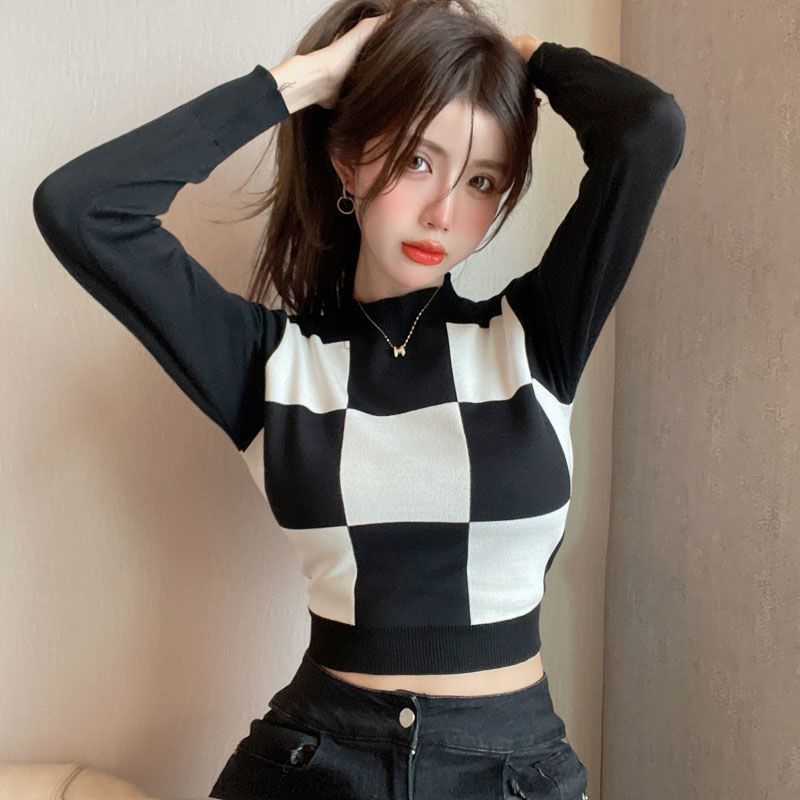 เสื้อแขนยาว ไหมพรม ครอปตาราง รหัส A308