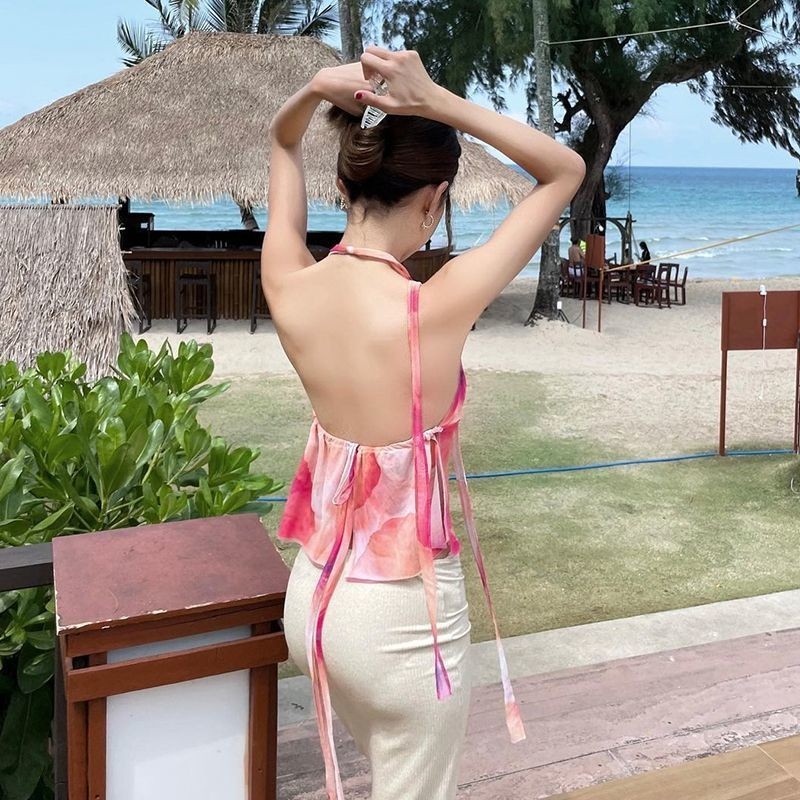 เสื้อสายเดี่ยว ซีฟอง ผูกหลัง สไตล์เกาหลี พร้อมส่ง CN2596