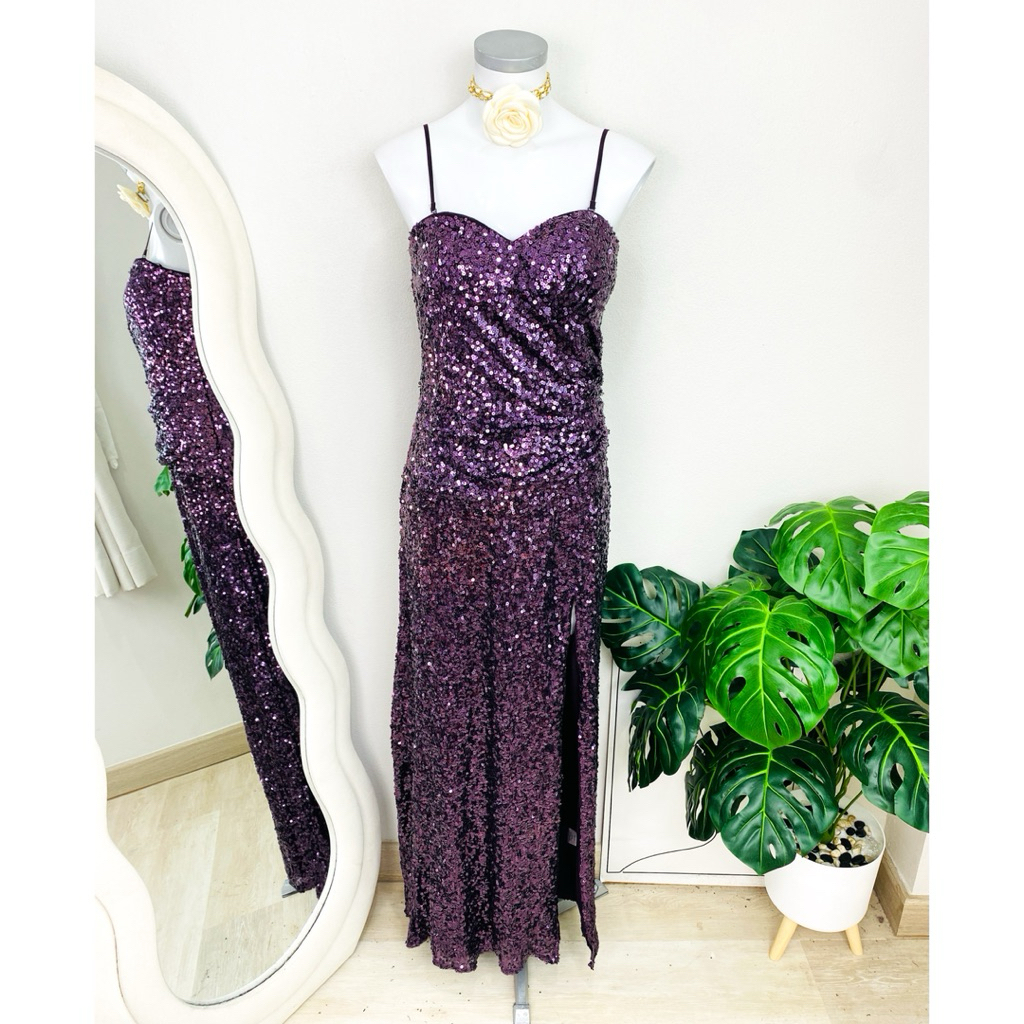 ไซด์ M-L มือ1 แบรนด์ Amy แท้100% 🌸Maxi dress เดรสยาว งานเกล็ดวิบวับ สีม่วง ทรงเข้ารูป เดรสออกงาน ชุดปาร์ตี้