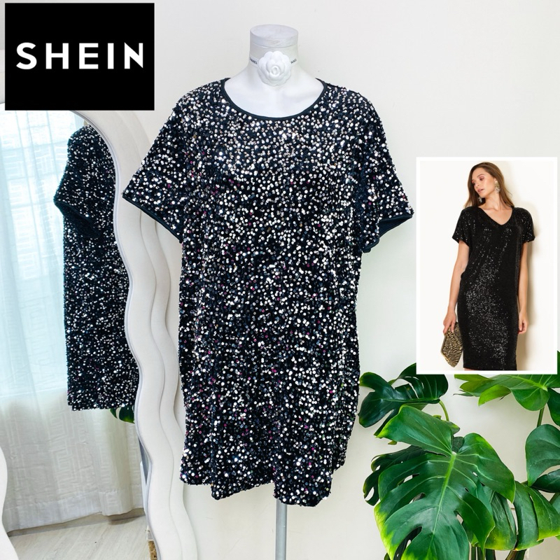 ไซด์ XXL แบรนด์ Shein แท้ 100%🌸เดรส ผ้ากำมะหยี่ งานเกล็ดวิบวับ สีดำ/เงิน ใส่ออกงาน เดรสออกงาน ชุดปาร์ตี้(170)