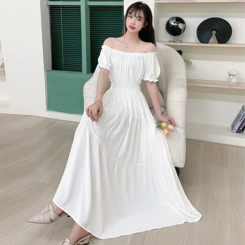 เดรสยาวขาว ปาดไหล่ รหัส C701