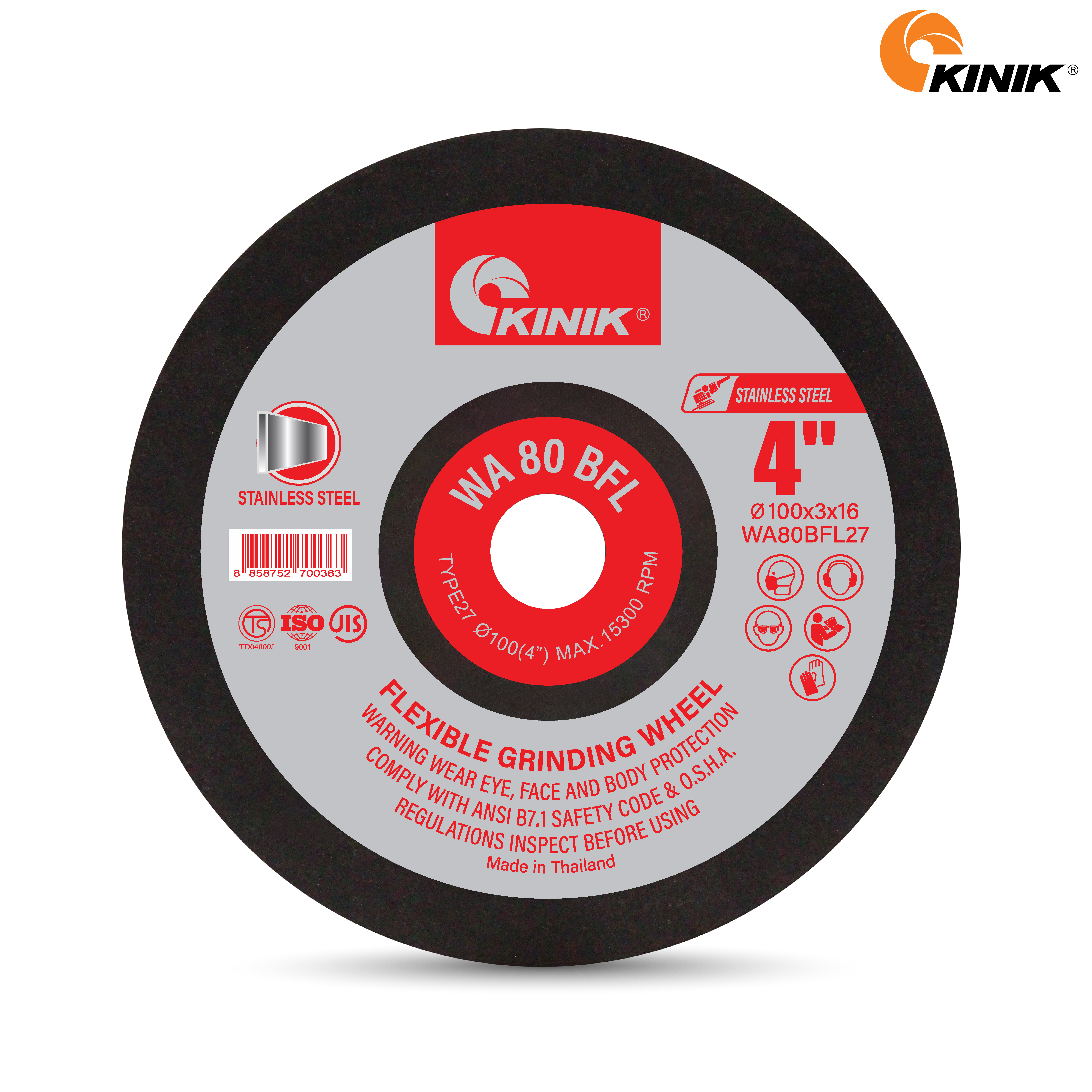 แผ่นเจียรสเตนเลส KINIK WA80BFL27 100x3x16 mm.