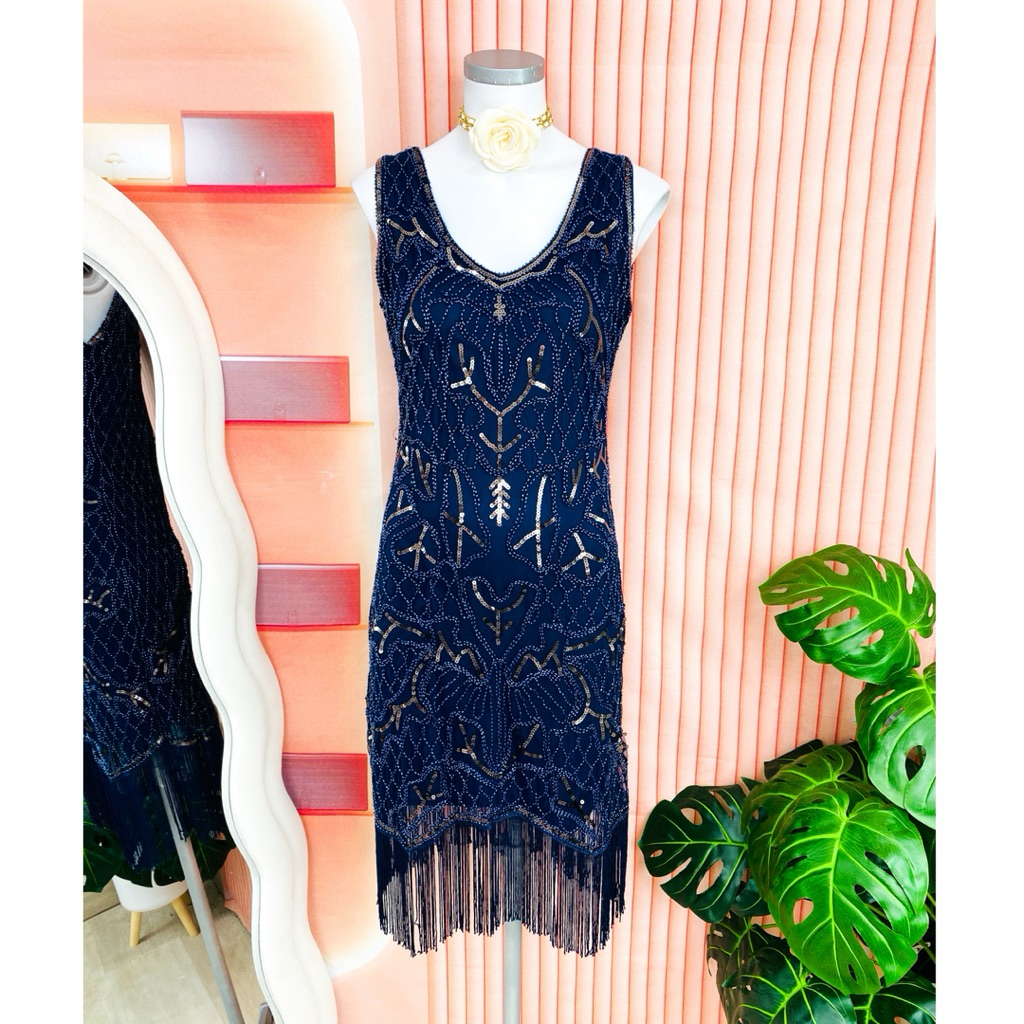 ไซด์ M made in USA.🌸แกสบี้ เดรส Gatsby งานเกล็ดวิบวับ สีน้ำเงิน ใส่ออกงาน ชุดราตรีแกสบี้ ชุดปาร์ตี้
