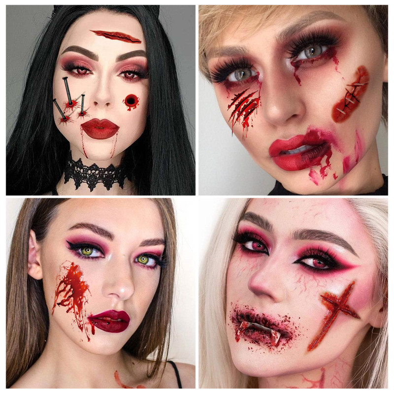 ส่งด่วนในไทย Halloween แทททู สติ๊กเกอร์ TATTOO เลือดปลอม ฮาโลวีน กันน้ำสีคมชัด เลือกแบบได้