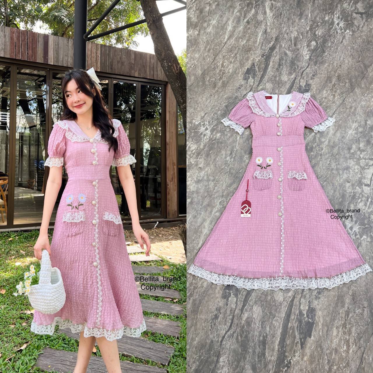 🍒 S 🍒 ป้าย Bellita เดรสยาวสีชมพูสุดน่ารัก คอวี คอปกแต่งขอบลูกไม้สีขาว