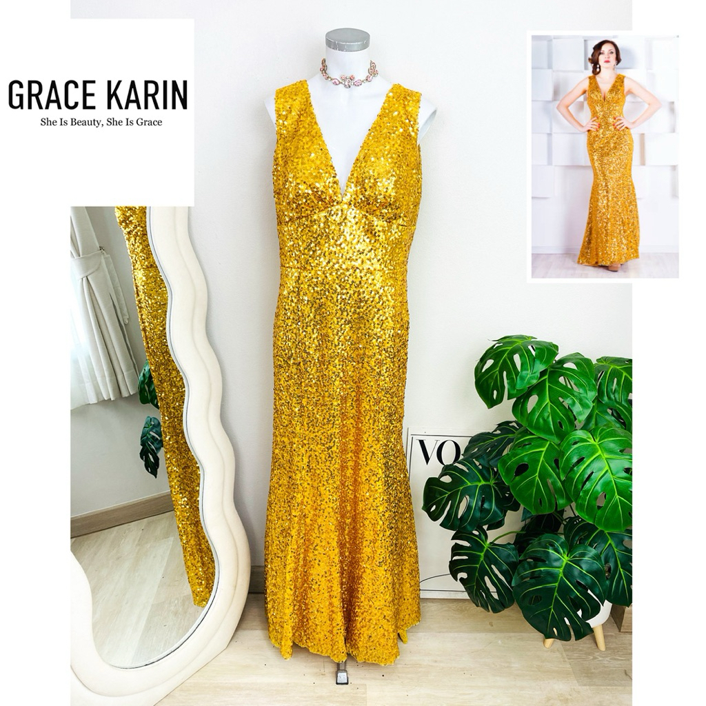 ไซด์ XL แบรนด์ Grace karin แท้100%🌸Maxi dress เดรสยาว สานหลัง หางปลา งานเกล็ดวิบวับ สีเหลือง เดรสออกงาน ชุดปาร์ตี้