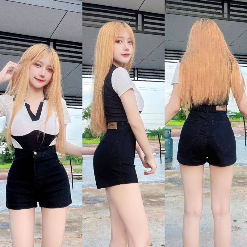 กางเกงยีนส์ขาสั้นเอวสูงผ้ายืด เป๋าหลังใบโพธิ์