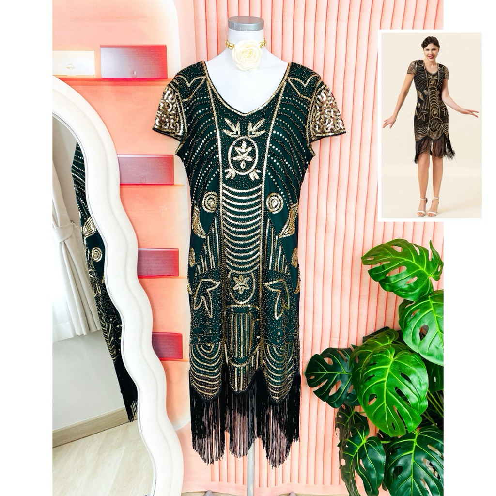 ไซด์ XXL แบรนด์ Fundaisy แท้ 100%🌸แกสบี้ มีแขนเดรส Gatsby งานเกล็ดวิบวับ สีเขียว/ทอง ใส่ออกงาน ชุดราตรีแกสบี้ ชุดปาร์ตี้