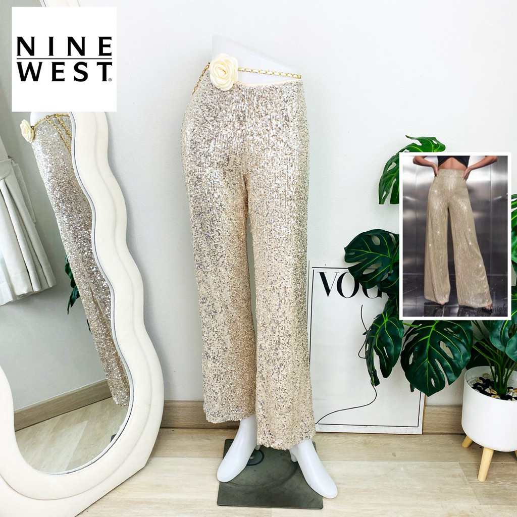 ไซด์ S-M แบรนด์ Ninewest แท้ 100%🌸กางเกง เอวสูง งานเกล็ดวิบวับ สีเงิน ใส่ออกงาน ชุดออกงาน ชุดปาร์ตี้
