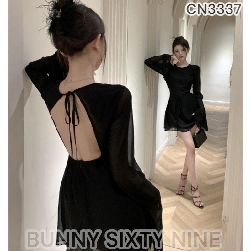 เดรสดำ โชว์หลัง ผ้าชีฟอง ท่อนบนซีทรู รหัส CN3337