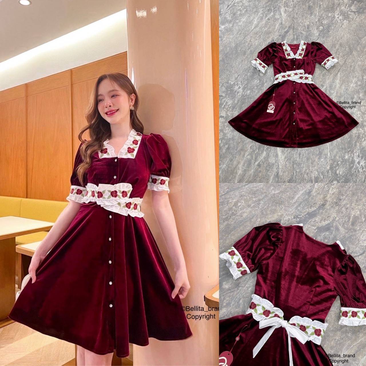 🍒 XS S 🍒 ป้าย Bellita มินิเดรสสีแดงเบอกันดี้ เอวผ้าพื้นสีขาวปักลายดอกกุหลาบ