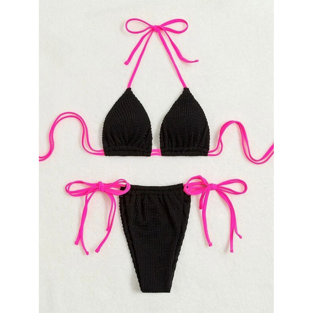 [พร้อมส่งในไทย] Bikini ชุดว่ายน้ำ บิกินี่ ดำ ผ้าปั๊ม SW019