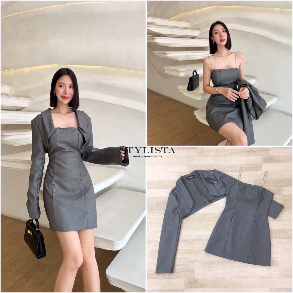 ⛄ S ⛄STYLISTA เซตเสื้อเเขนยาว มาพร้อมเดรสสายเดี่ยวทรงพอดีตัวเข้าชุด