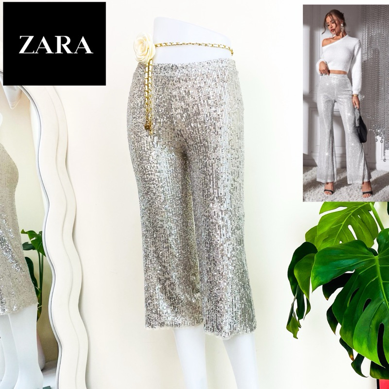 ไซด์ M แบรนด์ ZARA แท้ 100%🌸กางเกง เอวสูง งานเกล็ดวิบวับ สีเงิน ใส่ออกงาน ชุดออกงาน ชุดปาร์ตี้