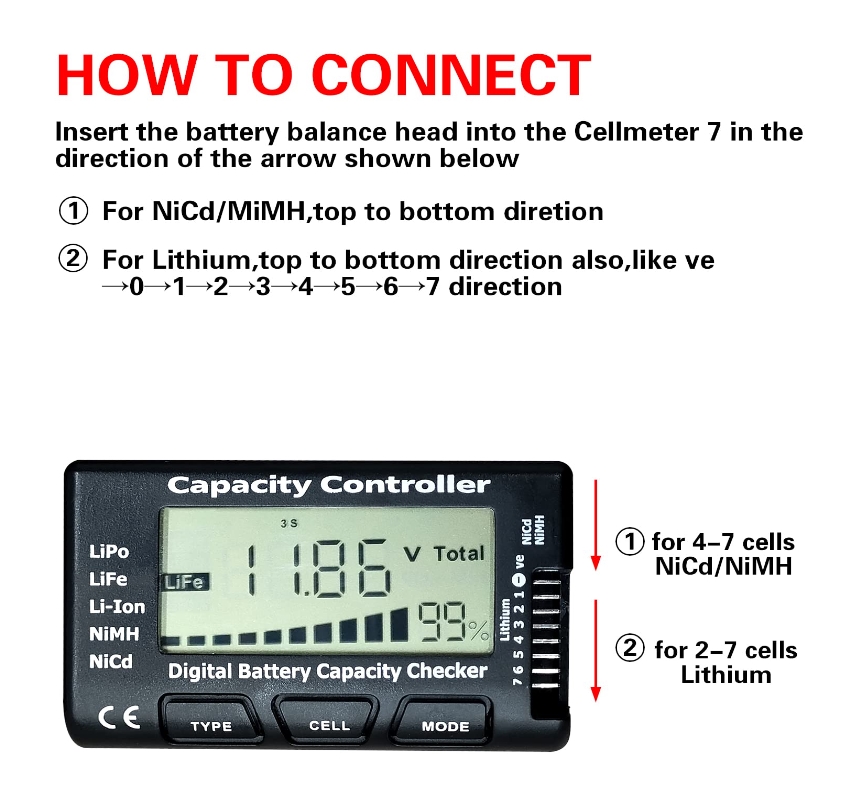 Lipo Battery Checker Digital Battery Capacity Checker Capacity Controller CELLMeter-7 Battery Balancer Tester LCD for LiPo/Life/Li-ion/NiCd/NiMH Battery