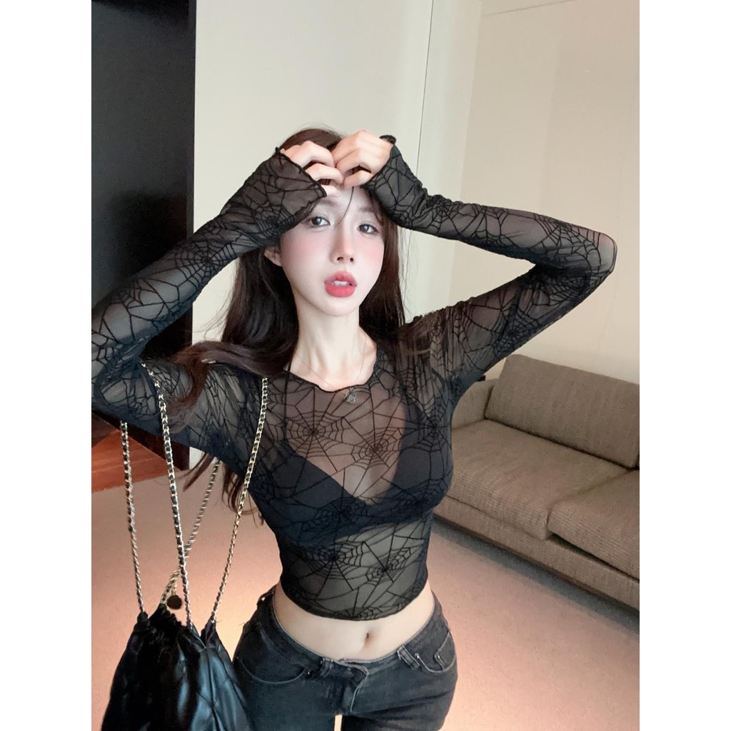 เสื้อครอป แขนยาว ซีทรู ลายใยแมงมุม ฮาโลวีน CN1102