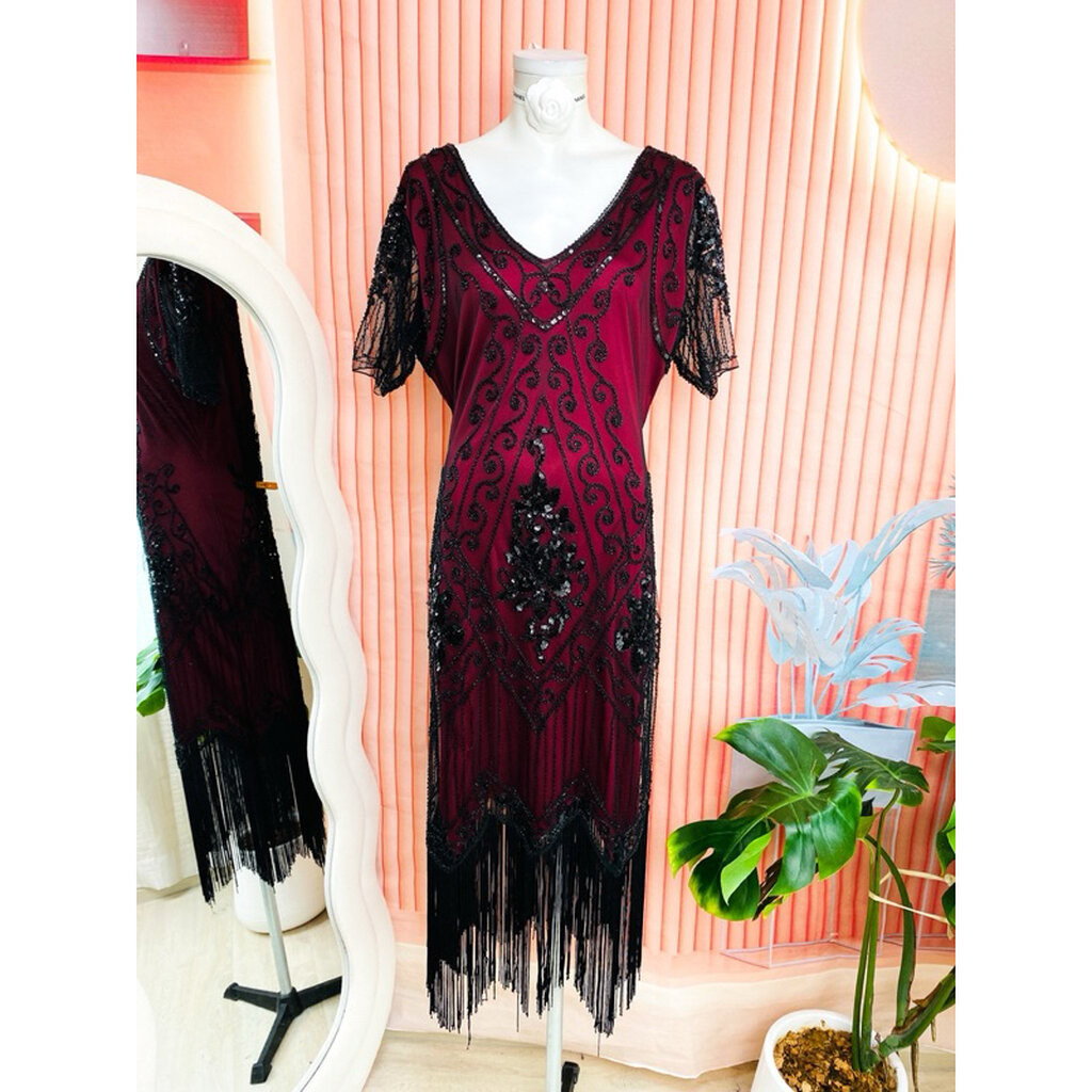 ไซด์ L-XXL มือ 1 แบรนด์ Babeyond แท้ 100%🌸 แกสบี้ เดรส Gatsby งานเกล็ดวิบวับ สีแดงไวน์ ชุดราตรีแกสบี้ เดรสออกงาน ชุดปาร์