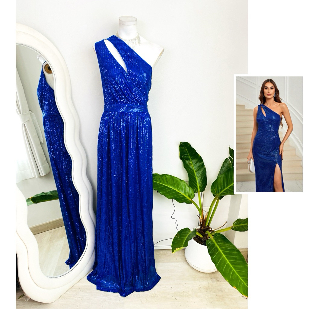 ไซด์ XL แบรนด์ PLUS แท้100% 🌸Maxi dress เดรสยาว ไหล่เดี่ยว งานเกล็ดวิบวับ สีน้ำเงิน ทรงเข้ารูป เดรสออกงาน ชุดปาร์ตี้