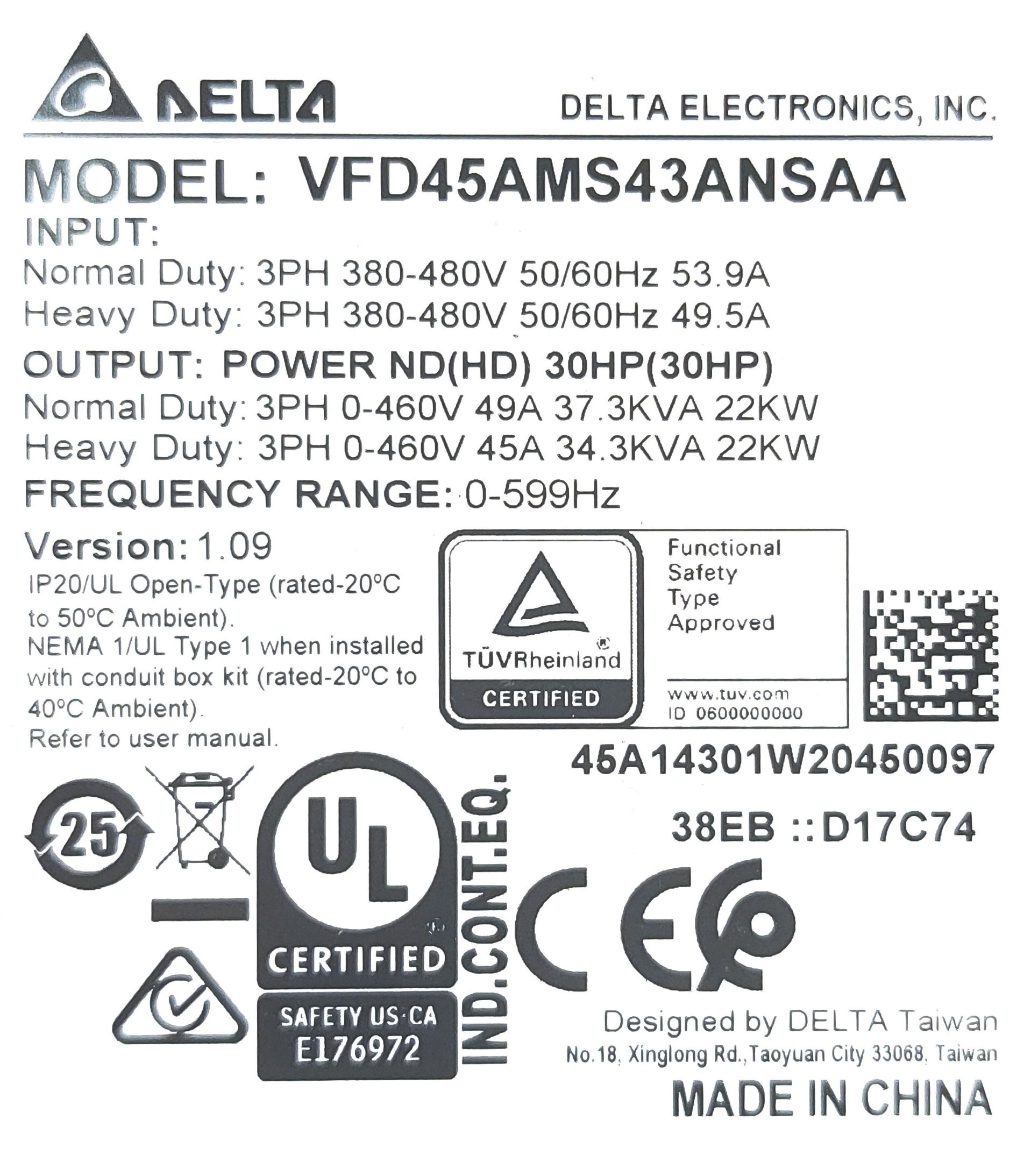 Delta MS300 Model VFD45AMS43ANSAA 30HP 22kW Input 380V