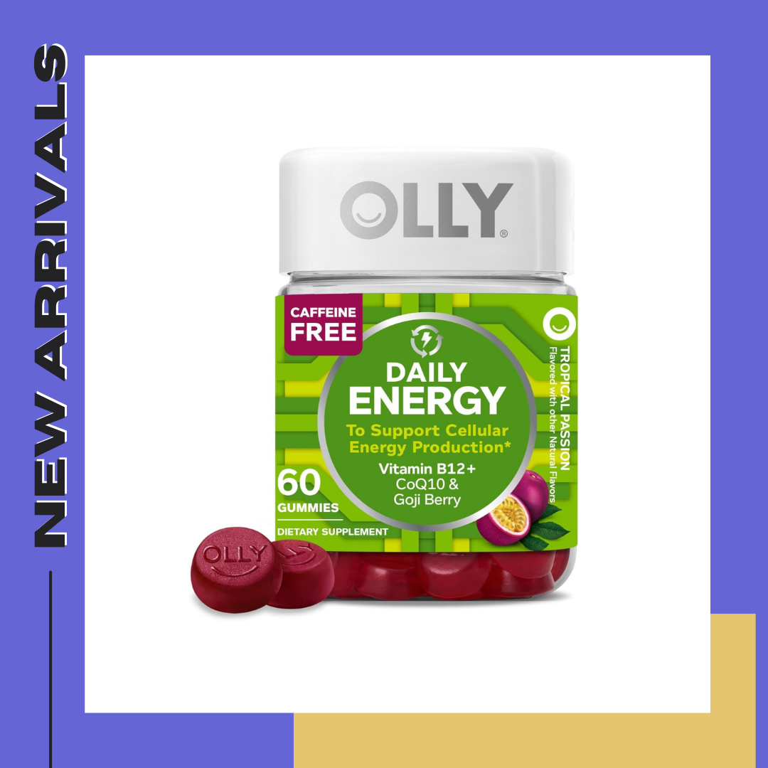 OLLY Daily Energy Gummy, Caffeine Free, Vitamin B12, CoQ10, Goji Berry, Adult Chewable Supplement, Tropical Flavor - 60 Count