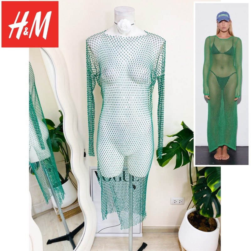 ไซด์ L-XL แบรนด์ H&M แท้100% 🌸Maxi dress เดรสยาว รีดเพชร งานเกล็ดวิบวับ สีเขียว ทรงเข้ารูป เดรสออกงาน ชุดปาร์ตี้