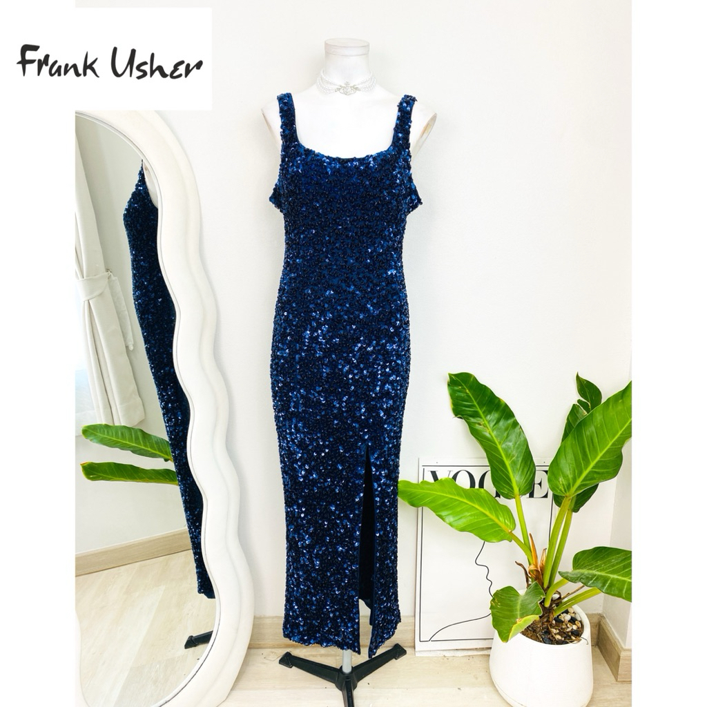 ไซด์ L แบรนด์ frank usher แท้100% 🌸Maxi dress เดรสยาว คอเหลี่ยม ผ่าข้าง งานเกล็ดวิบวับ สีกรม เดรสออกงาน ชุดปาร์ตี้