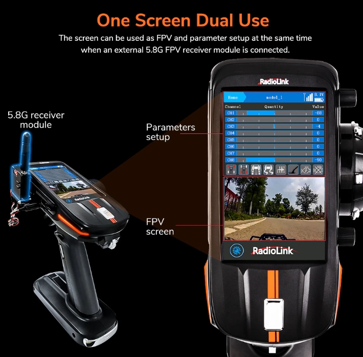 Radiolink RC8X 2.4GHz 8CH 4.3-Inch Full Colour Touch Screen LCD Radio Transmitter International Version With R8GF/R4FGM Receiver รีโมทตัวท๊อป หน้าจอสี ทัชสกรีน รองรับฟังชั่นมากมาย