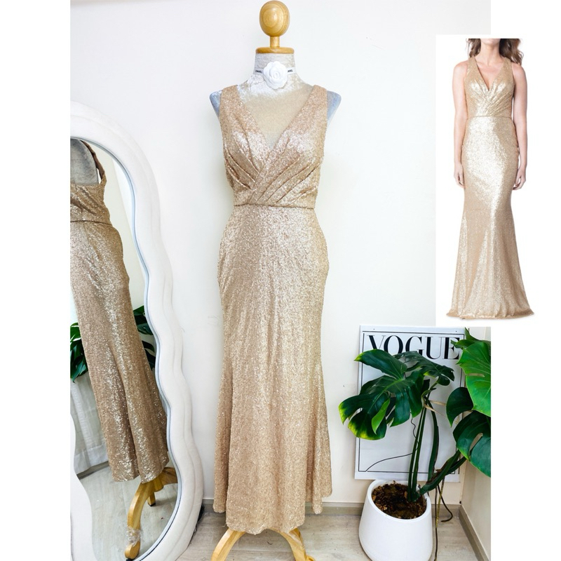 ไซด์ S แบรนด์ Bari jax แท้ 100%🌸 Maxi dress เดรสยาว คอวี งานเกล็ดวิบวับ สีโกล ใส่ออกงาน เดรสออกงาน ชุดปาร์ตี้