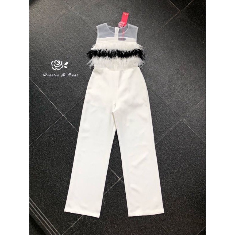 🌹 S M 🌹 Widelia@Real Jumpsuit ขายาวสีขาวแต่งขนนก