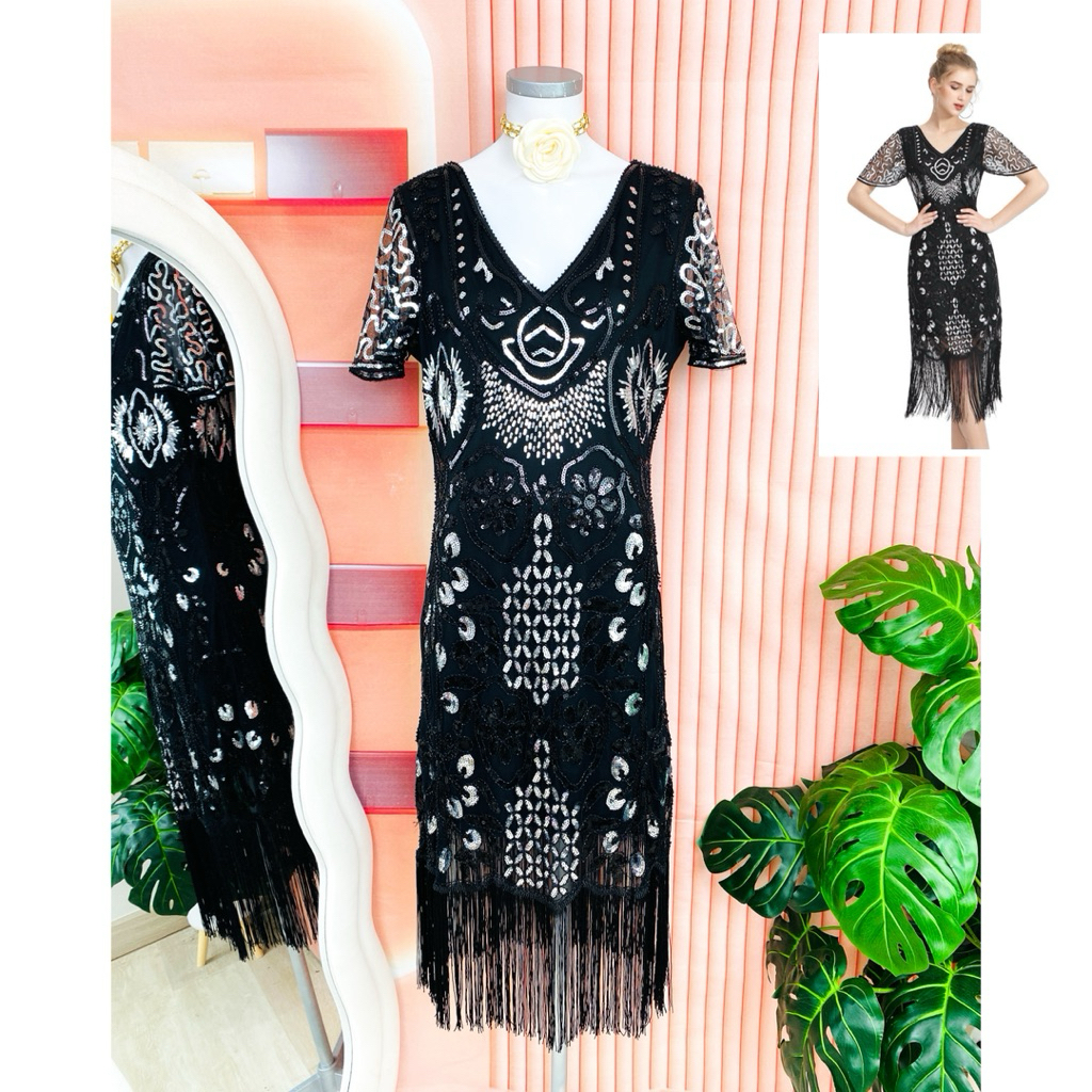 ไซด์ XXL แบรนด์แท้ 100%🌸แกสบี้ เดรส มีแขน Gatsby งานเกล็ดวิบวับ สีดำ/เงิน ใส่ออกงาน ชุดราตรีแกสบี้ ชุดปาร์ตี้