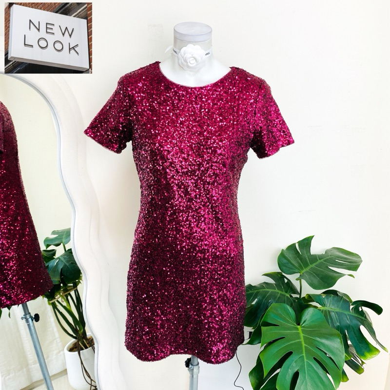 ไซด์ M แบรนด์ new look แท้ 100%🌸เดรส งานเกล็ดวิบวับ สีแดงไวน์ ใส่ออกงาน ทรงเข้ารูป เดรสออกงาน ชุดปาร์ตี้(10)