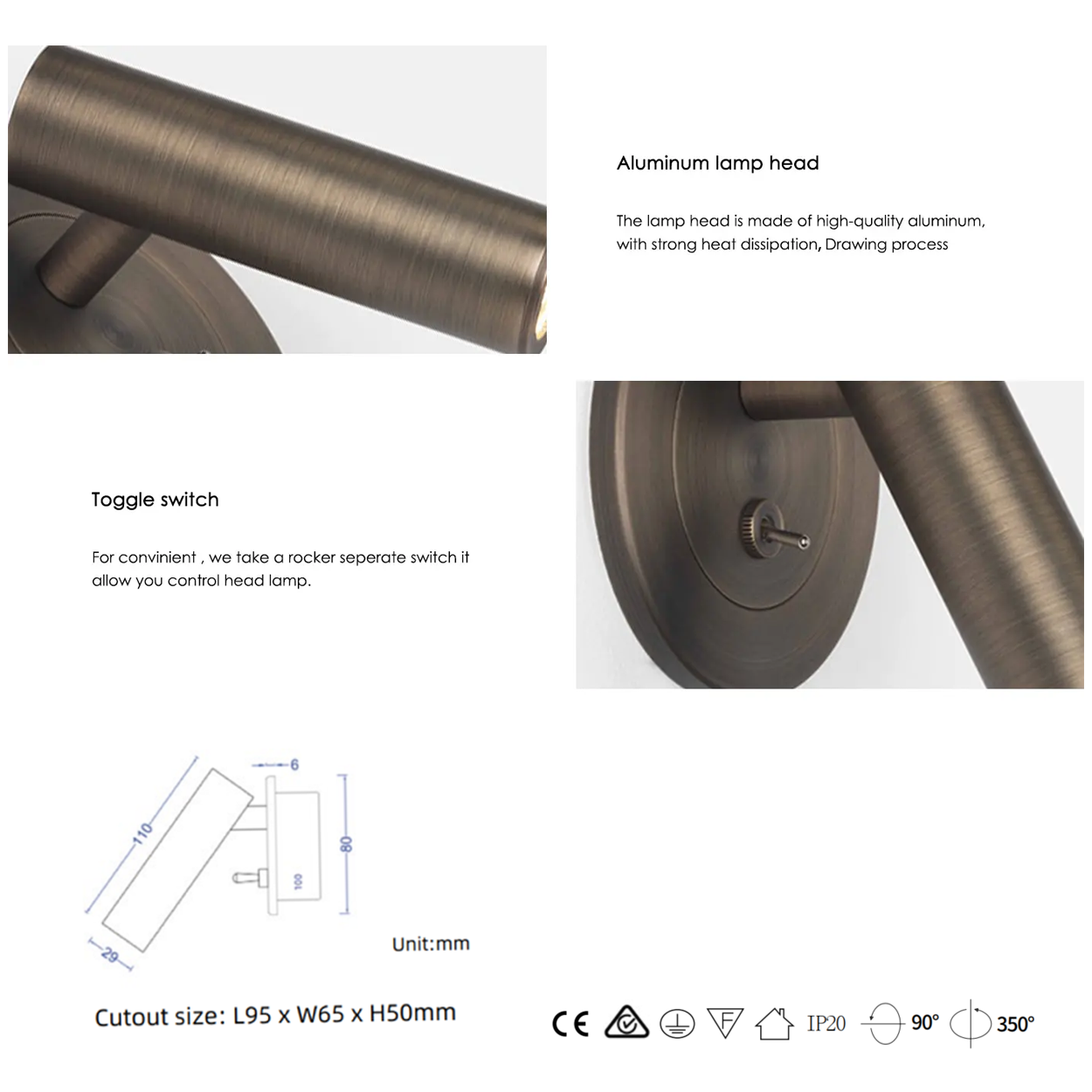 โคมไฟอ่านหนังสือติดผนัง Wall Reading Lamp Metal + Aluminium LED Cree 3W IP20 (KP030)