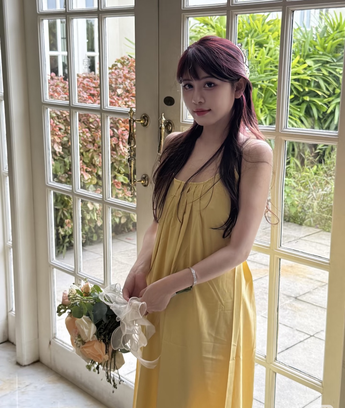 เดรสยาว สายเดี่ยว เหลืองสด สไตล์เกาหลี CN8968