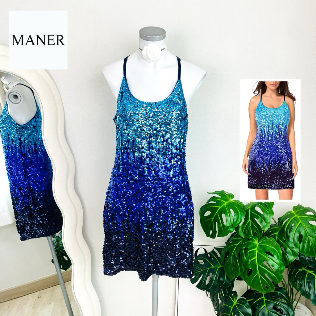 ไซด์ L แบรนด์ Maner แท้ 100%🌸เดรส ไล่เฉดสี งานเกล็ดวิบวับ สีรุ้ง ใส่ออกงาน ทรงเข้ารูป เดรสออกงาน ชุดปาร์ตี้