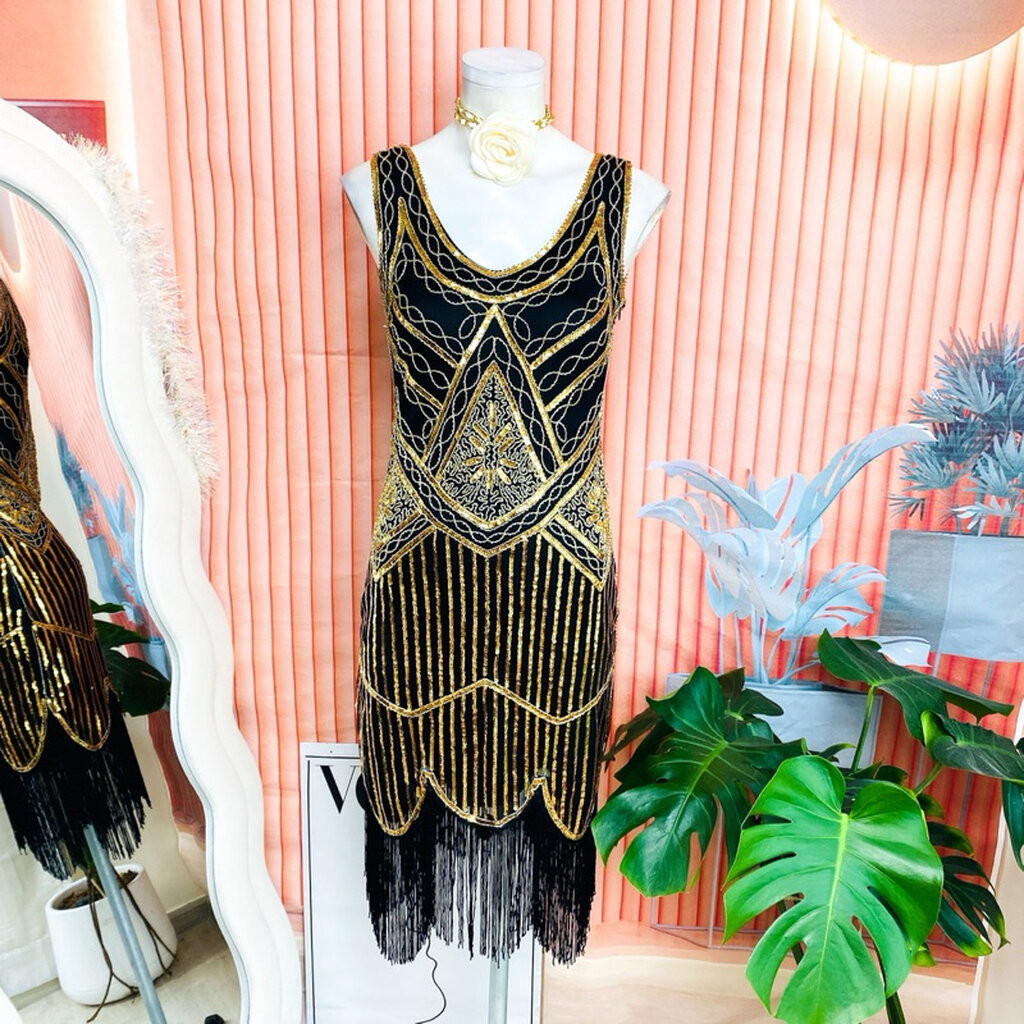 ไซด์ S แบรนด์ Fundaisyแท้100%🌸 แกสบี้ เดรส Gatsby งานเกล็ดวิบวับ สีดำ/ทอง ใส่ออกงาน ชุดราตรีแกสบี้ ชุดปาร์ตี้