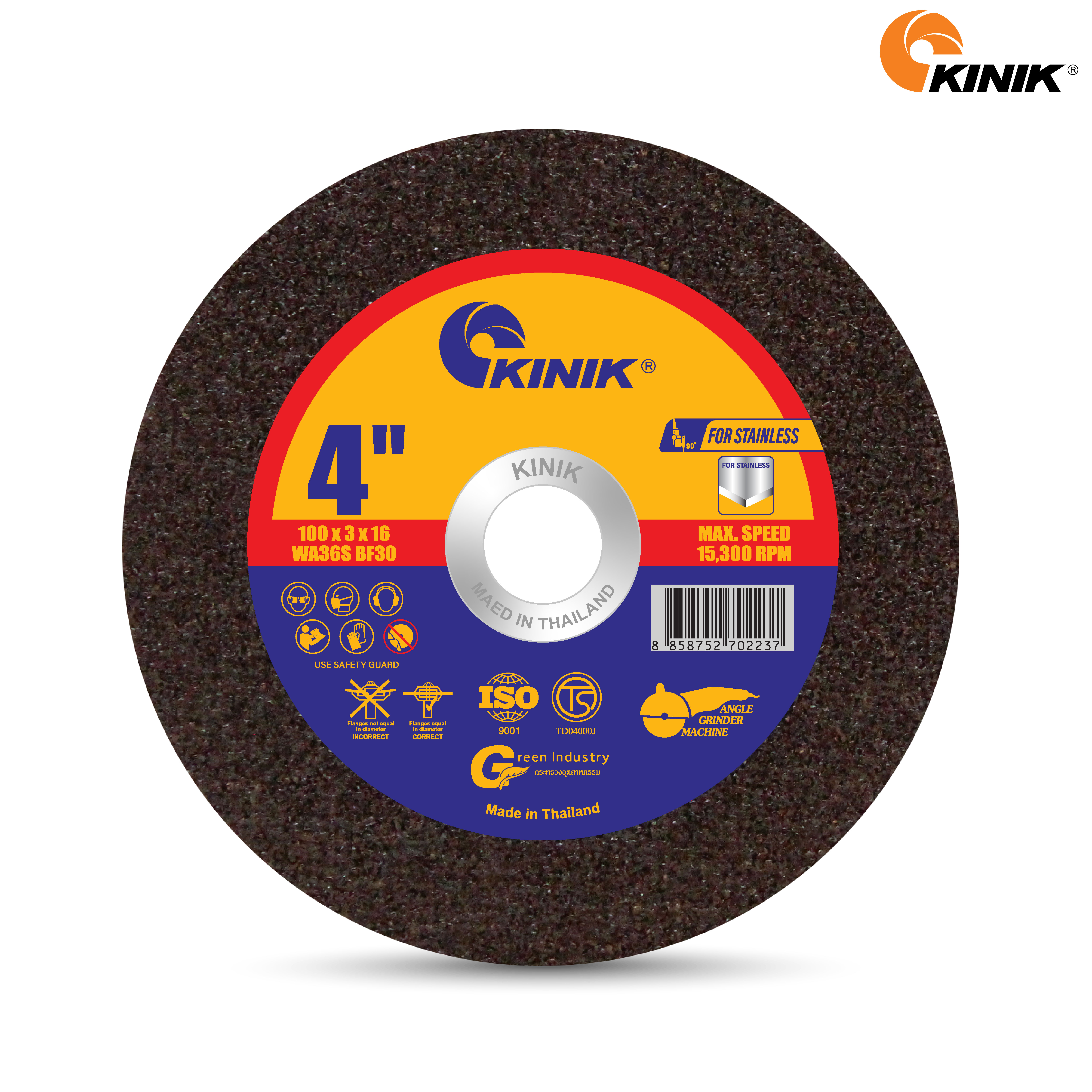 แผ่นตัดสเตนเลส KINIK WA36SBF30 100x3x16 mm.(หนา3)