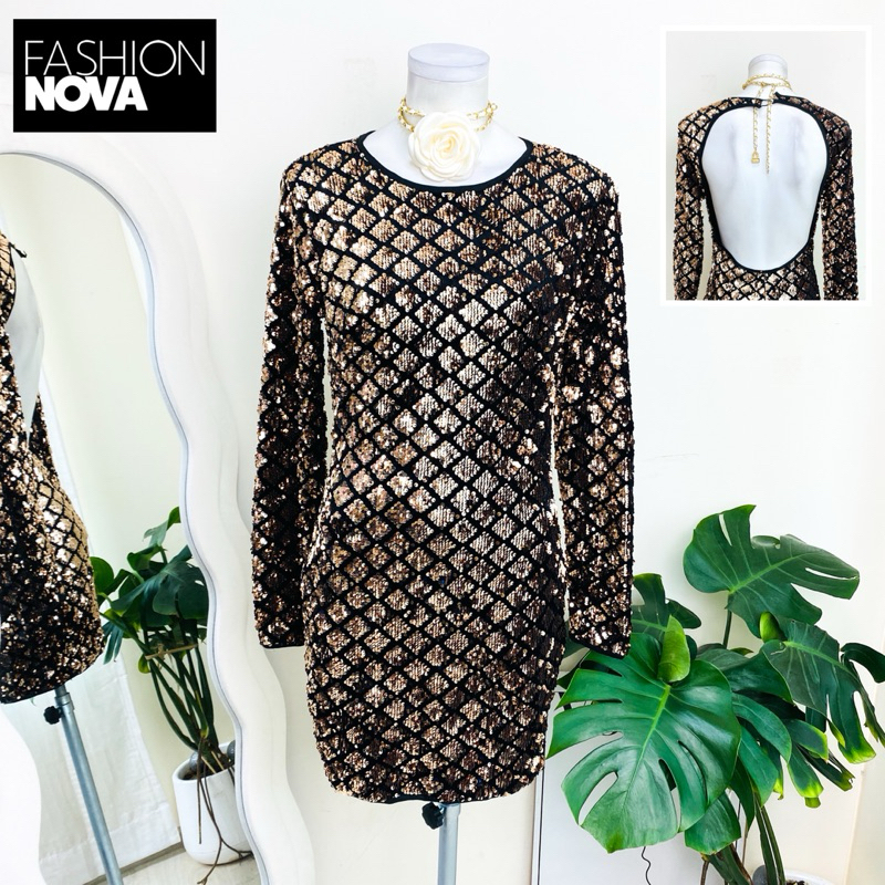 ไซด์ M-L แบรนด์ Fashion nova แท้ 100%🌸เดรส โชว์หลัง งานเกล็ดวิบวับ สีทอง/ดำ ใส่ออกงาน เดรสออกงาน ชุดปาร์ตี้(27)