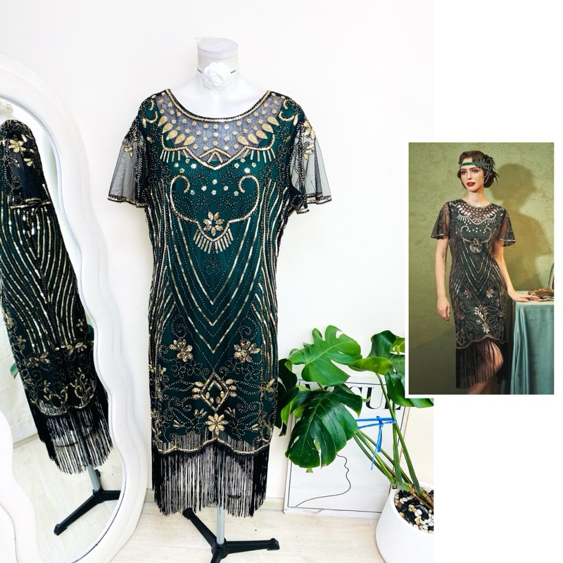 ไซด์ XXL แบรนด์ BABYYOND แท้ 100%🌸แกสบี้ มีแขน เดรส Gatsby งานเกล็ดวิบวับ สีเขียว ใส่ออกงาน ชุดราตรีแกสบี้ ชุดปาร์ตี้