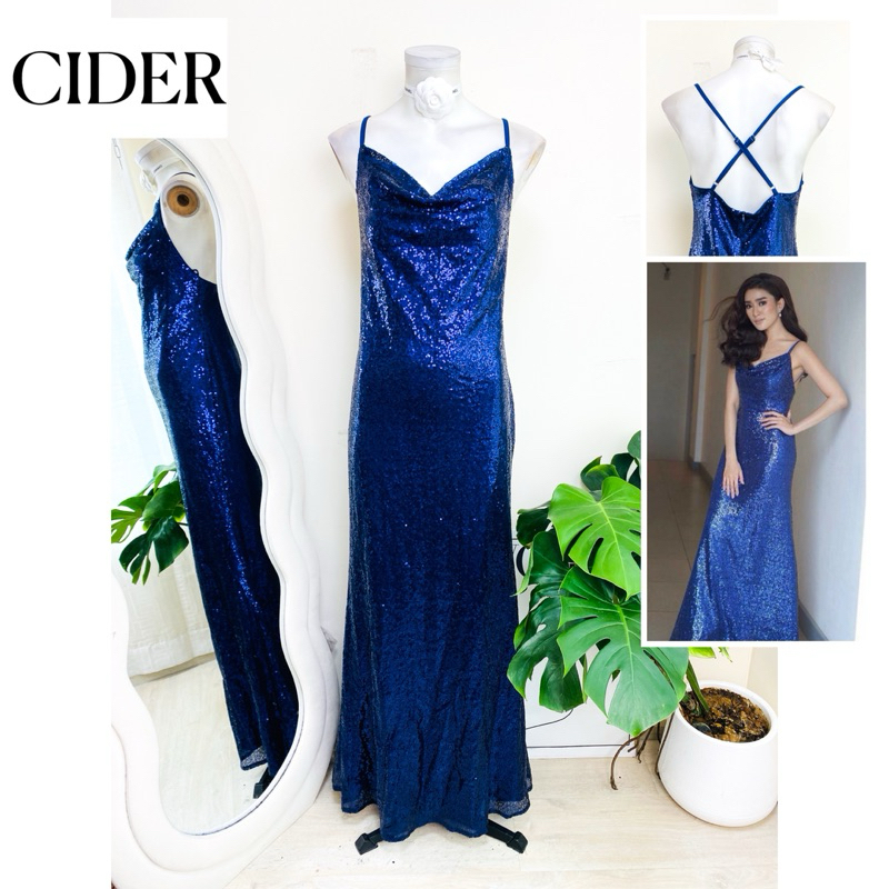 ไซด์ M-L มือ 1 แบรนด์ Cider แท้100% 🌸Maxi dress เดรสยาว คอถ่วง โชว์หลัง งานเกล็ดวิบวับ สีน้ำเงิน เดรสออกงาน ชุดปาร์ตี้