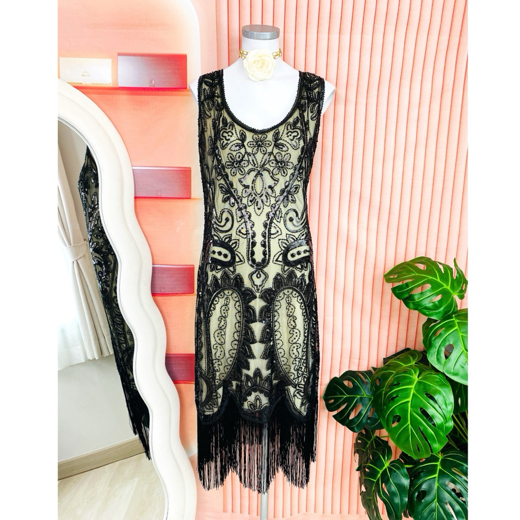 ไซด์ XXL แบรนด์ Fundaisy แท้ 100%🌸แกสบี้ เดรส Gatsby งานเกล็ดวิบวับ สีดำ/ครีม ใส่ออกงาน ชุดราตรีแกสบี้ ชุดปาร์ตี้