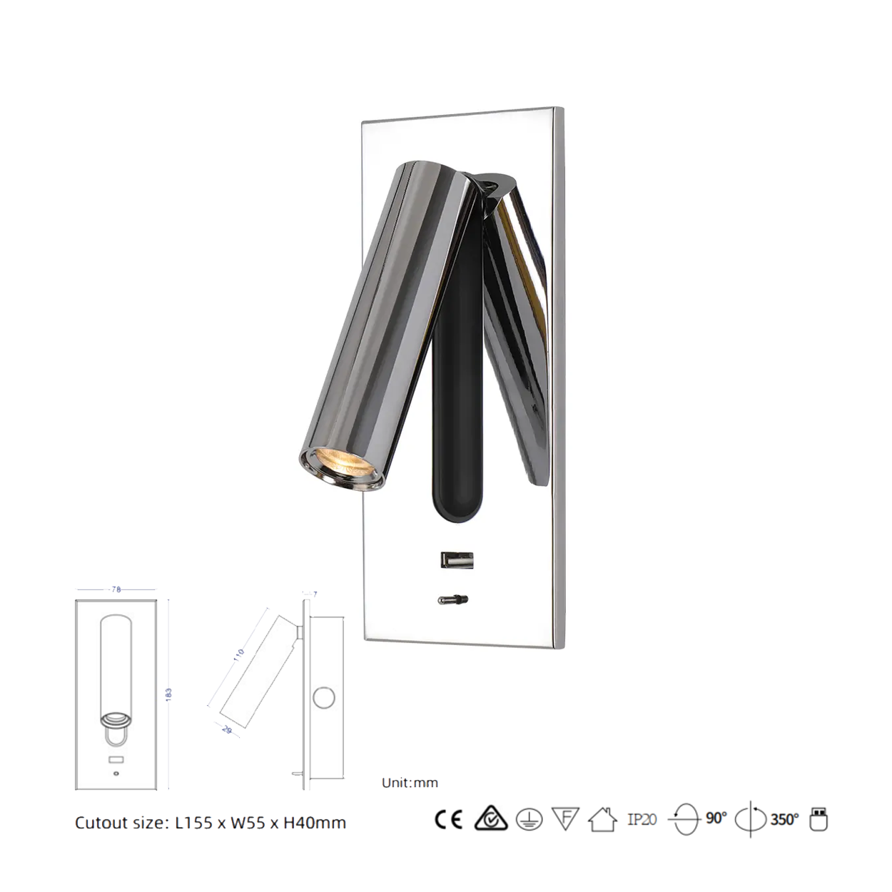 โคมไฟอ่านหนังสือติดผนัง Wall Reading Lamp Metal + Aluminium LED Cree 3W IP20 (KP035)