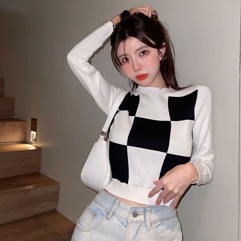 เสื้อแขนยาว ไหมพรม ครอปตาราง รหัส A308