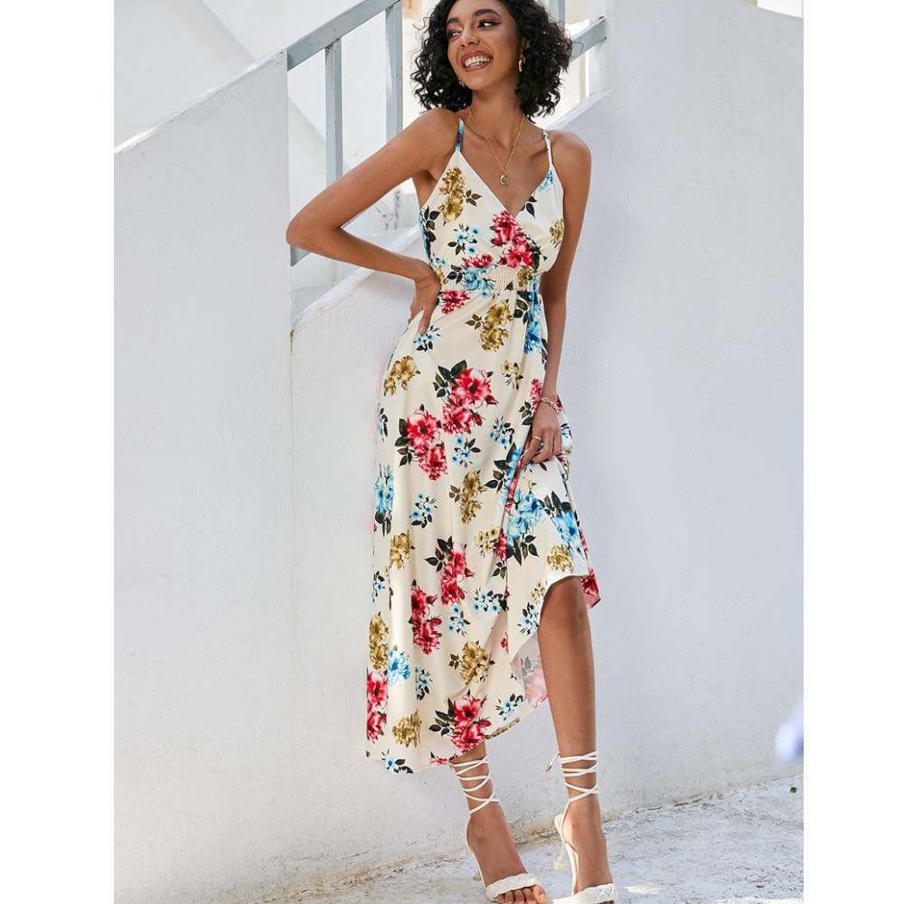 เดรสยาวขาว สายเดี่ยว ลายดอก ชุดไปเที่ยวทะเล