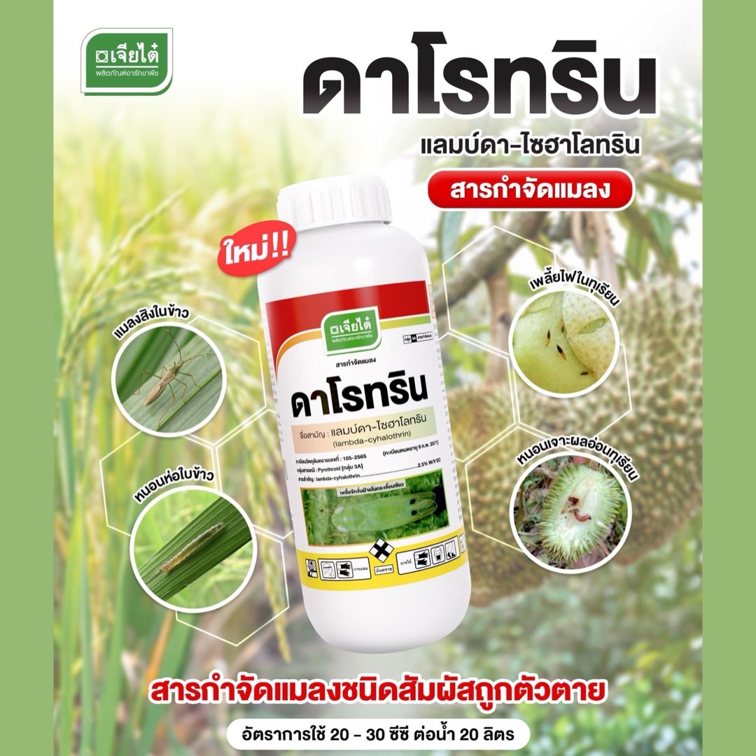 ดาโรทริน แลมบ์ดา-ไซฮาโลทริน 2.5% W/V EC ขนาด 1 ลิตร ป้องกันพืชจากแมลง หนอนเจาะผล หนอนต่างๆ เพลี้ยไฟ