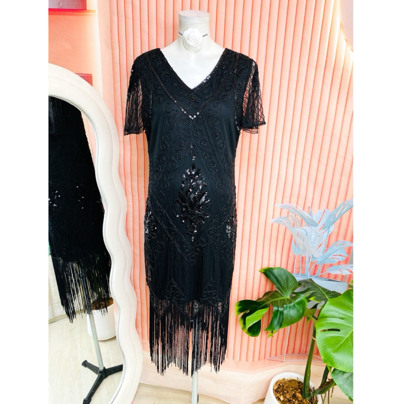 ไซด์ XL แบรนด์ PrettyGuild แท้ 100%🌸 แกสบี้ เดรส Gatsby มีแขน ปักปล้อง งานเกล็ดวิบวับ สีดำ ชุดราตรีแกสบี้ เดรสออกงาน
