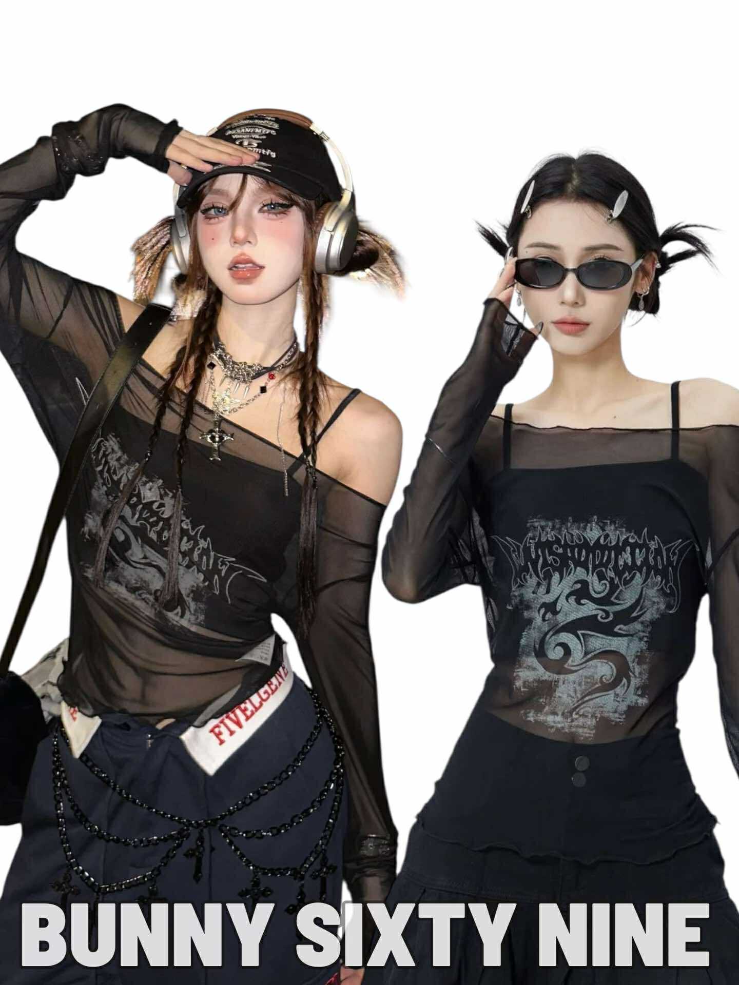 เสื้อแขนยาวซีทรู สีดำ สไตล์ร็อค พร้อมส่งในไทย