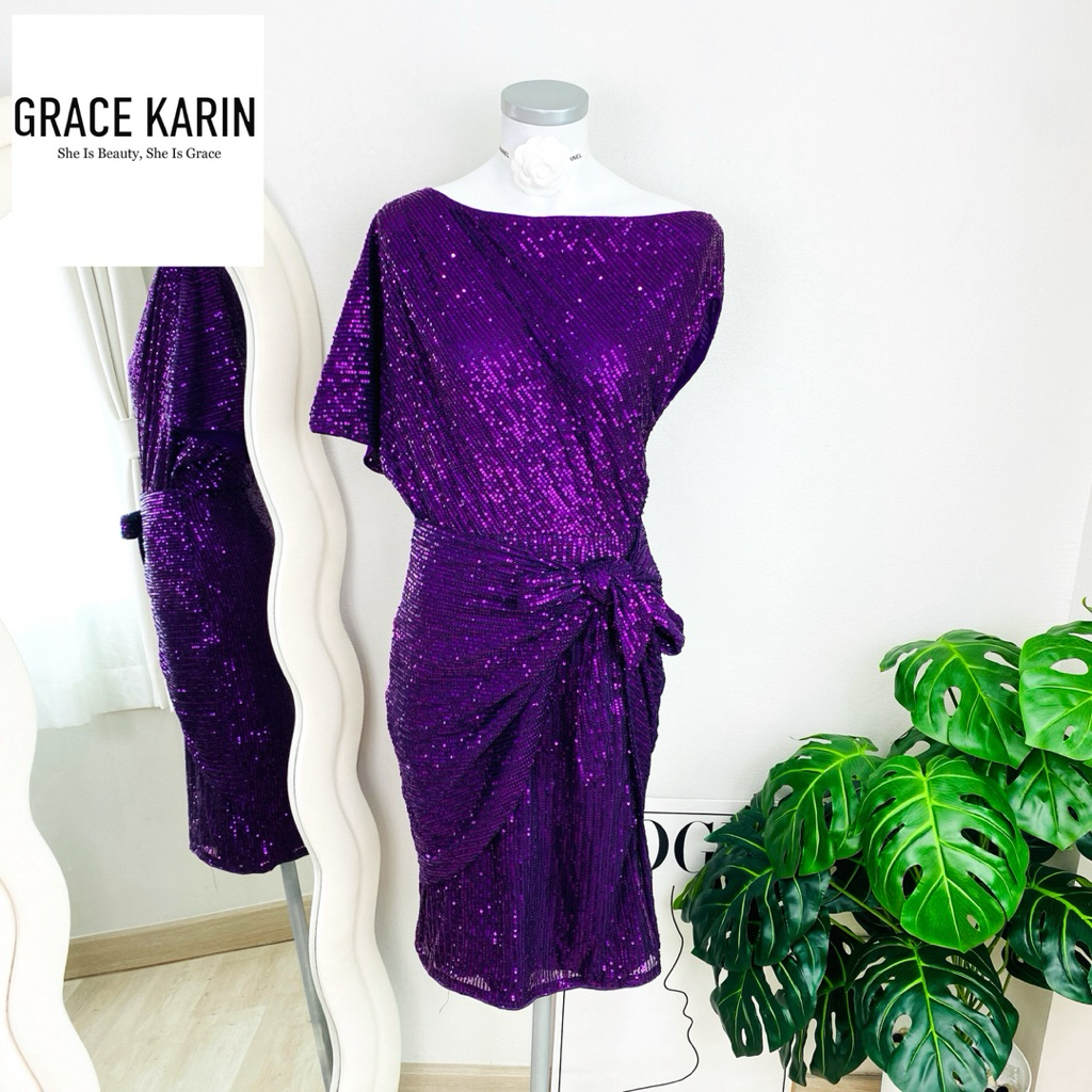 ไซด์ M แบรนด์ Grace Karin แท้ 100%🌸เดรส ผูกโบว์เอว งานเกล็ดวิบวับ สีม่วง ใส่ออกงาน ทรงเข้ารูป เดรสออกงาน ชุดปาร์ตี้