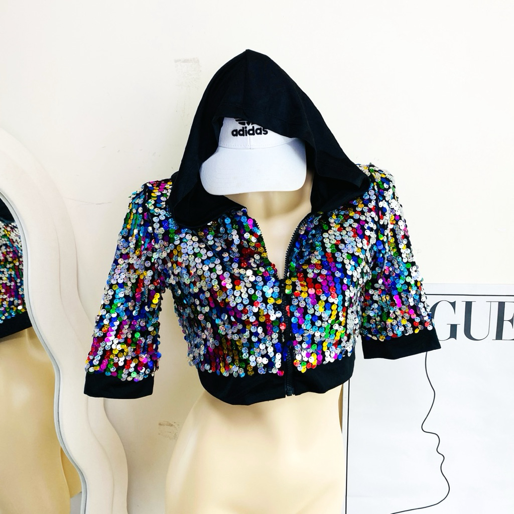 ไซด์ S made in USA.🌸แจ็คเก็ต ทรงครอป Jackets เสื้อคาร์ดิแกน งานเกล็ดวิบวับ สีรุ้ง ใส่ออกงาน ชุดปาร์ตี้