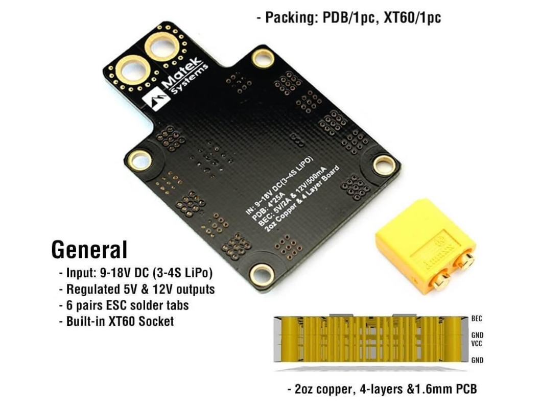 Matek Systems PDB XT60 W/ BEC 5V & 12V 2oz บอร์ดรวมไฟ